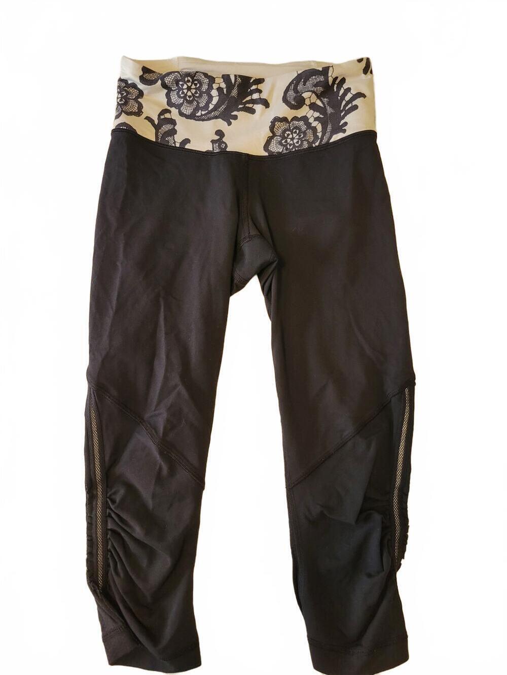 Lululemon RunDay Crop Leggings Size 2 Black Floral Waistband Running Capri